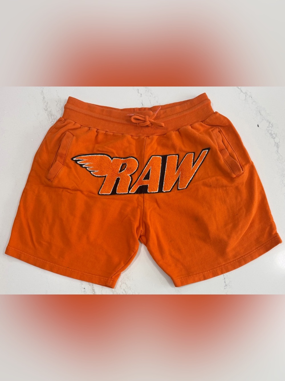 RAW - Men’s Sweat Shorts w/ Logo on Front | Orange | Size Medium